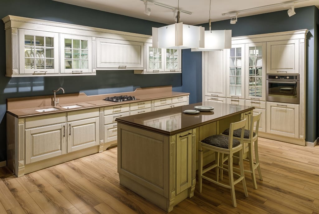 interior of modern kitchen with wooden cabinets